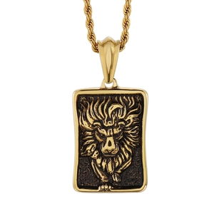 Collier Pendentif Tête De Lion En Acier Inoxydable Hip Hop Punk Rétro Gravure Carrée Bijoux Pour Hommes