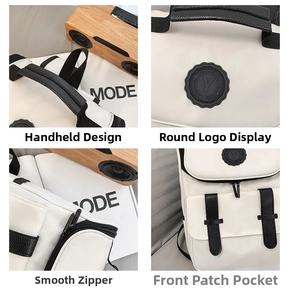 Detail view of black and white color block backpack showing logo, handle, and pocket
