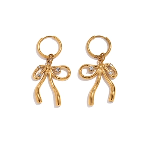 Elegant 18K gold plated stainless steel bow earrings with sparkling white crystals
