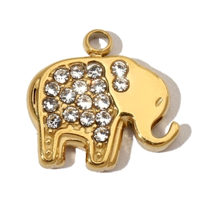 Macro view of a gold-plated elephant pendant with sparkling white rhinestones inlay