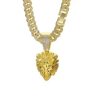 Lion Head Pendant Necklace Zinc Alloy Rhinestone Miami Cuban Link Chain Hip Hop Jewelry For Men Women
