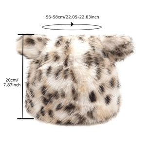 Detail showing dimensions of leopard print faux fur bucket hat with cute bunny ears