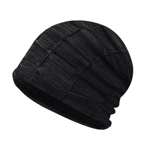 Dark gray checkered knit beanie for winter with plush lining for outdoor warmth