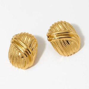 Chunky French Vintage Stainless Steel Stud Earrings PVD Gold Plated Textured Striped Oval Button Shape Waterproof For Women Statement