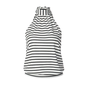 Detail of black and white striped halter neck knit vest showing texture and neck tie design