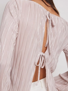 Elegant champagne pleated long sleeve shirt with back tie detail and slim fit design