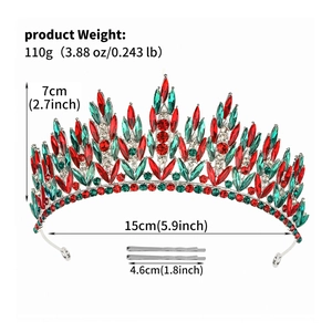Luxury crown with red and green rhinestones for weddings, including size dimensions