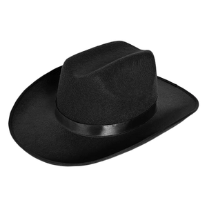 Detailed side view of black wide-brim cowboy hat with smooth felt texture and satin band