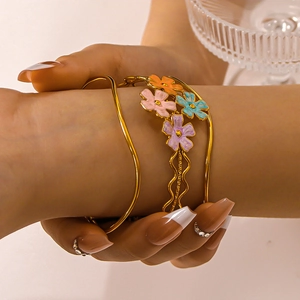 18K Gold Plated Stainless Steel Cuff Bracelet For Women Colorful Enamel Flower Butterfly Adjustable Wave Bangle Jewelry