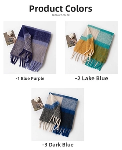 Three color variants of plaid tassel scarves in blue, green, and grey knit patterns
