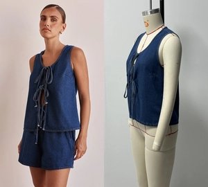 Detail of blue denim two-piece set featuring sleeveless tie-up vest and high-waisted shorts