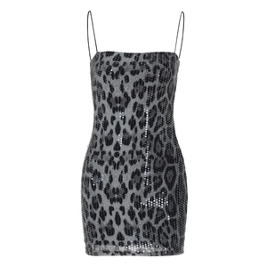 Detail of grey leopard print sequins and thin straps on the bodycon mini dress