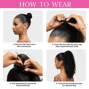 Step-by-step tutorial showing how to wear the afro kinky curly drawstring ponytail hair