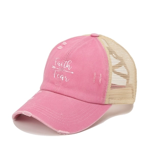 Pink washed cotton baseball hat with Faith OVER Fear print and beige mesh panels