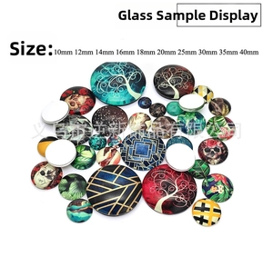 Detailed size comparison of luminous glass cabochons from 10mm to 40mm on white background