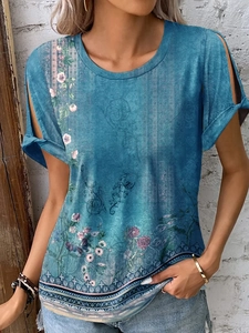 Women's casual boho floral teal t-shirt featuring stylish cold shoulder cutouts