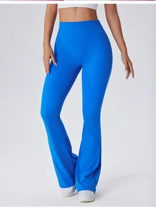 Pantalon de yoga évasé bleu à taille haute avec contrôle du ventre et tissu technique