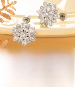 Detail view of silver snowflake earrings with cubic zirconia and steel screw back