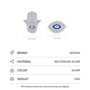 Boucles d'oreilles asymétriques en argent S925 main de Hamsa et œil bleu en émail