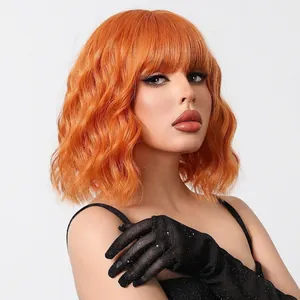 Short orange wavy bob wig with bangs for women made of synthetic heat resistant hair
