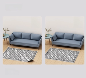 Comparison showing anti-curl carpet gripper results for flat rug edges and corners