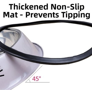 Detail of 45-degree tilted stainless steel pet bowl with thick non-slip rubber gasket