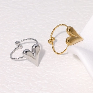 Polished heart-shaped open rings in gold and silver with hammer texture finish
