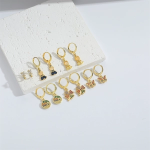 Exquisite gold drop earrings with colorful zircon butterfly and clover pendant charms
