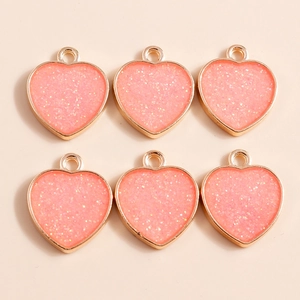 Pink glitter heart pendants with gold alloy frame for DIY jewelry making 10 pieces pack