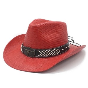 Red woven cowboy hat with bull head buckle and black band for beach sun protection