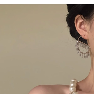 Close-up of model wearing silver tassel earrings with trapezoidal zircon pavé drop