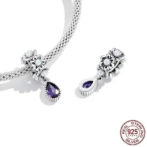 S925 sterling silver flower charm with purple teardrop gemstone for charm bracelets