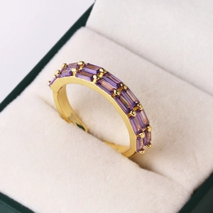 Adjustable 18K gold plated ring with double row of rectangular purple zircon stones