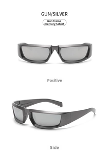 Front and side views of Y2K punk sports sunglasses in gunmetal silver metallic finish