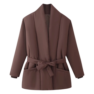 Women's dark brown belted cotton coat with large lapels and loose casual fit