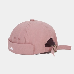 Pink cotton docker cap with small whale embroidery and adjustable metal buckle strap