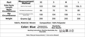 Detailed sizing chart and material specs for blue striped sleeveless pajama pant set