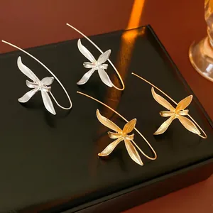 Iris Flower Ear Hook Earrings Vintage Matte Alloy Floral Drop Jewelry With Steel Earring Post For Women