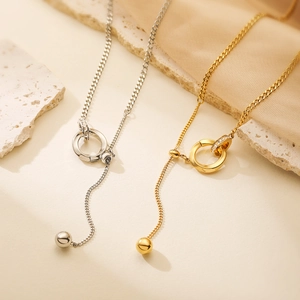 Interlocking Double Ring Y-Shape Lariat Necklace Gold Plated Titanium Steel Geometric Zircon Pendant Sphere Charm Women
