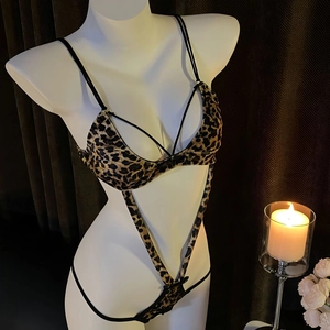 Sexy leopard print bodysuit lingerie with lace-up chest and side cutouts for women