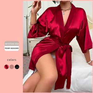 Short wine red imitation silk bathrobe with waist tie and fringe trim for women