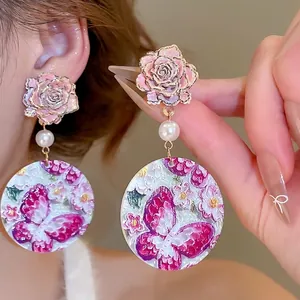 Vintage Rose Flower And Butterfly Dangle Earrings With Faux Artificial Pearl And 925 Sterling Silver Earring Post For Women