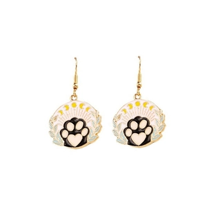 Cute cartoon cat paw metal earrings with purple drip oil finish and heart detail