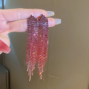 Luxury red rhinestone tassel earrings with a gradient sparkle finish and long drop design