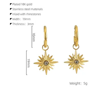 Detailed view of gold plated stainless steel starburst earrings with dimensions