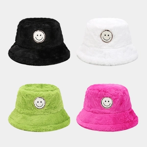 Smiley Face Faux Fur Bucket Hat Plush Thickened Warm Winter Outdoor Fisherman Cap For Women Stylish Casual Accessory