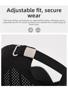 Detail shot of the adjustable metal buckle and laser-cut vents on the black sports cap