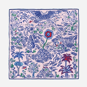 Retro hand-painted floral silk square scarf with colorful botanical illustration and sun motifs