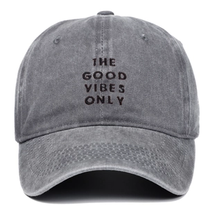 Washed dark grey cotton baseball cap with The Good Vibes Only embroidery design