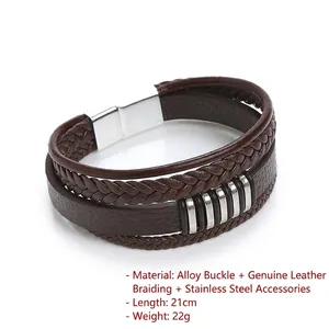 Braided leather bracelet with stainless steel magnetic clasp and silver rings, 21cm length